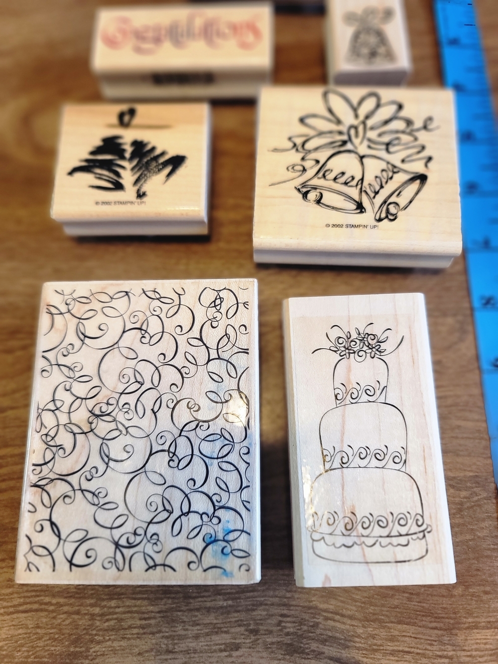 Assorted Wooden Wedding & Celebration Rubber Stamps - Neutral Wood 7 Total